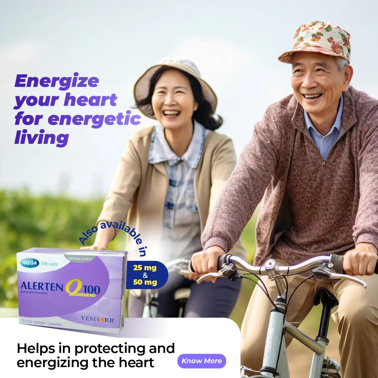 Happy seniors cycling, Alerten Q10 for heart energy support