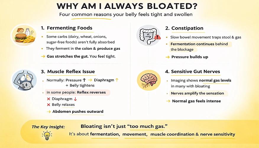 Infographic outlining four common causes of bloating, and explaining why the abdomen feels tight and swollen