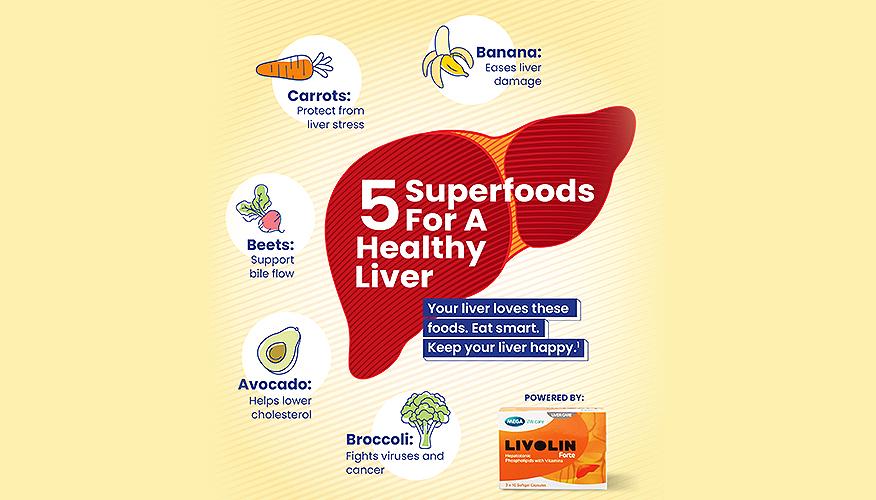 5 superfoods for a healthy liver including carrots, beets, avocado, banana, and broccoli