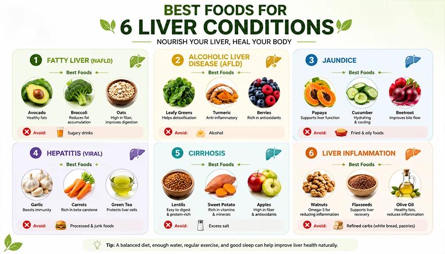 Infographic showing best foods for 6 liver conditions including NAFLD, hepatitis, and cirrhosis