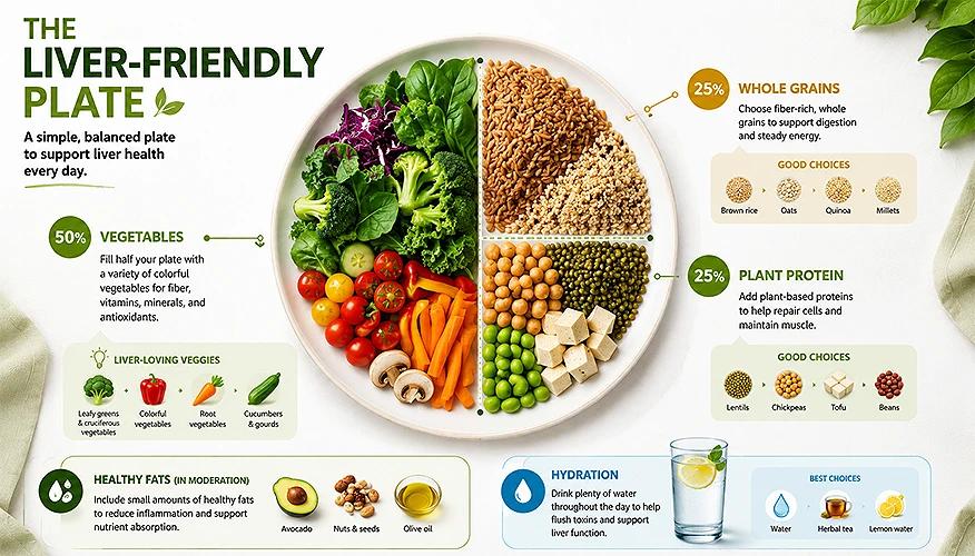 Liver-friendly plate infographic showing 50% vegetables, 25% whole grains, and 25% plant protein