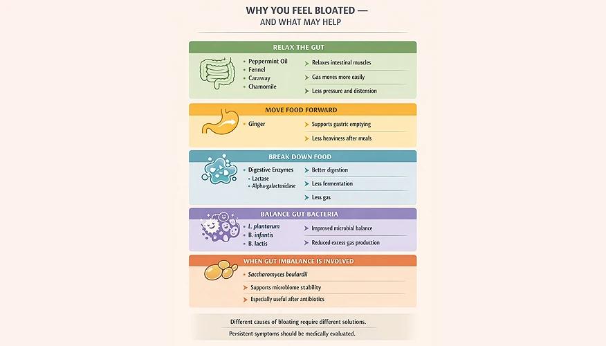 Infographic showing why you feel bloated and what can help