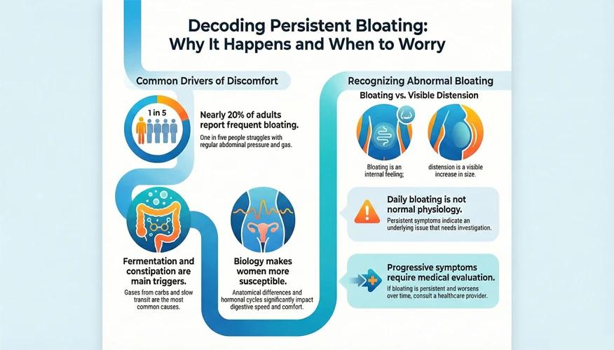 Infographic explaining persistent bloating, and warning signs that require medical attention 