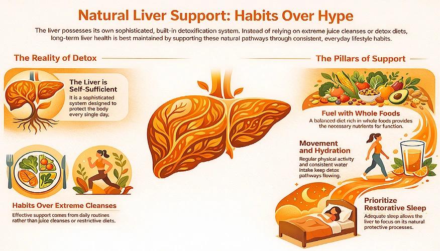 Infographic showing natural liver support habits including healthy diet, exercise, hydration, and sleep instead of extreme liver detox cleanses