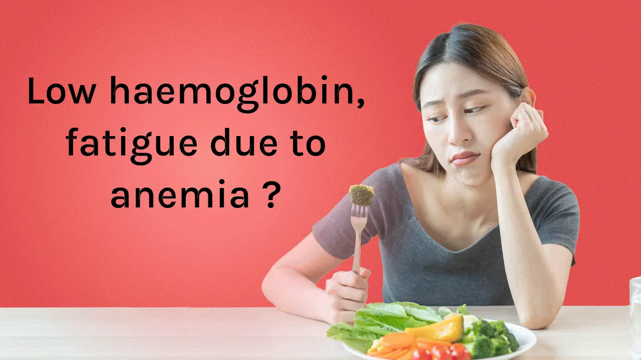 woman feeling tired with healthy food plate, low hemoglobin and anemia fatigue