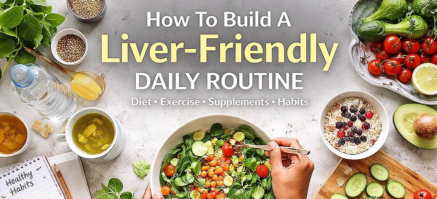 Fatty liver diet daily routine with healthy foods, vegetables, supplements, and hydration for liver health