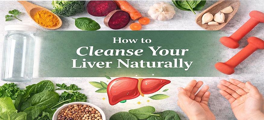 How to cleanse your liver naturally concept image with healthy vegetables, turmeric, garlic, dumbbells, water bottle and illustrated liver