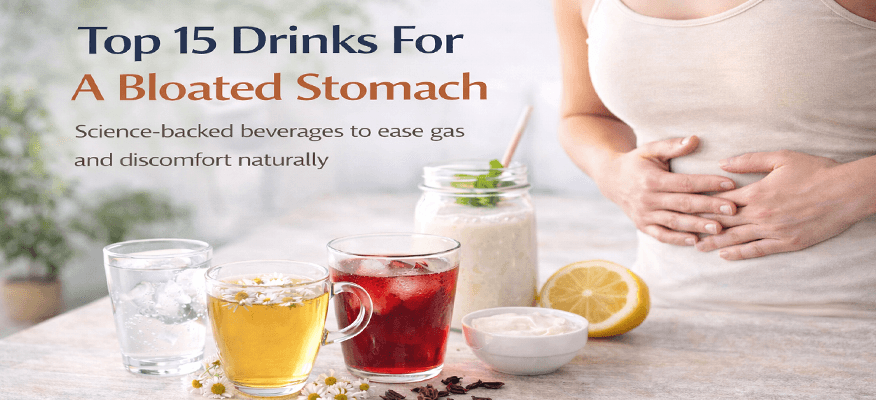 Healthy drinks for bloated stomach such as peppermint tea, ginger tea, and coconut water