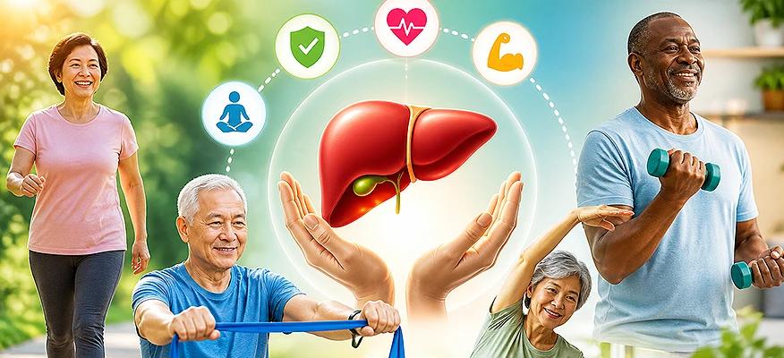 Older adults exercising safely for liver cirrhosis with walking, stretching, and light weights