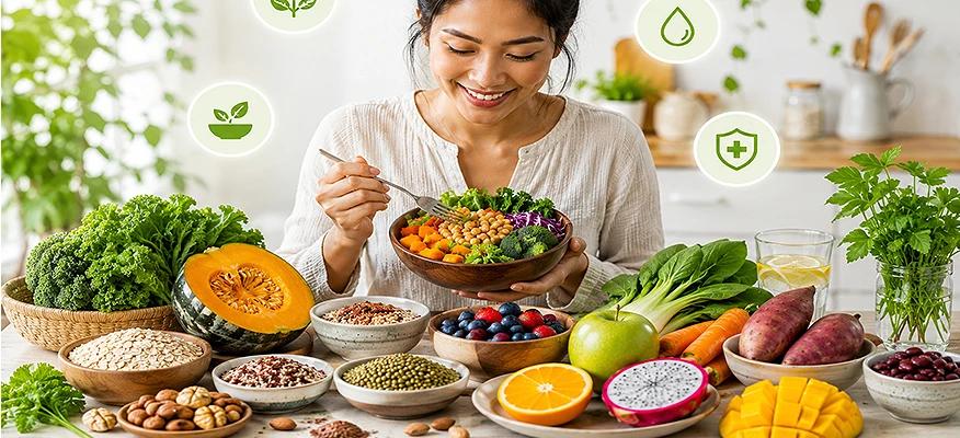 Woman eating a liver-friendly diet with vegetables, fruits, grains, and legumes