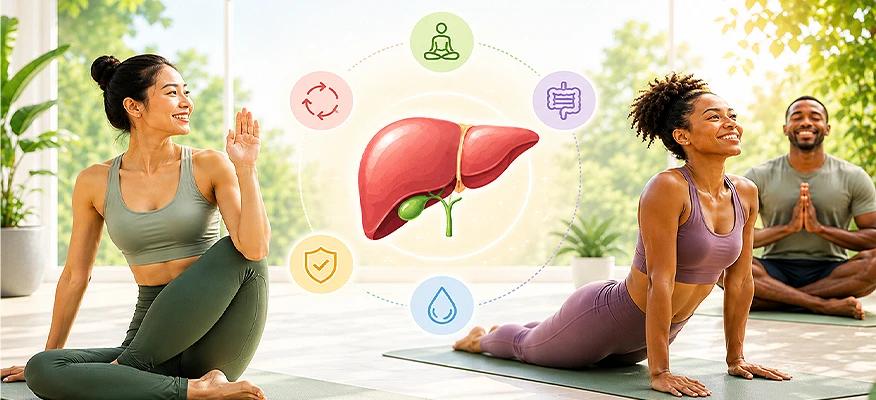 People doing yoga to reduce stress and support liver health naturally