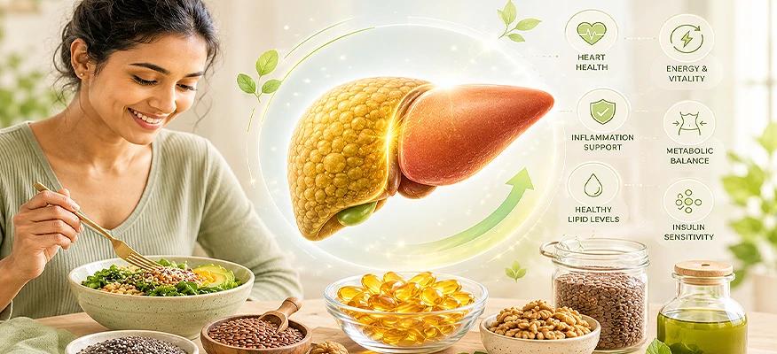 Omega-3 rich foods for fatty liver showing heart health lipid levels insulin sensitivity and inflammation support benefits