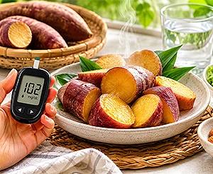 is camote good for diabetic: cooked camote with a glucose monitor reading 102 mg/dL