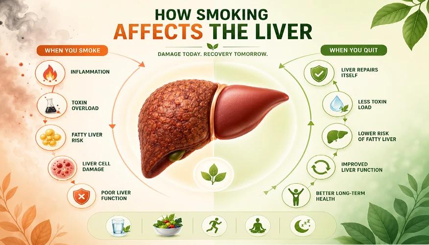 How smoking affects the liver showing inflammation fatty liver cell damage vs liver repair and recovery after quitting