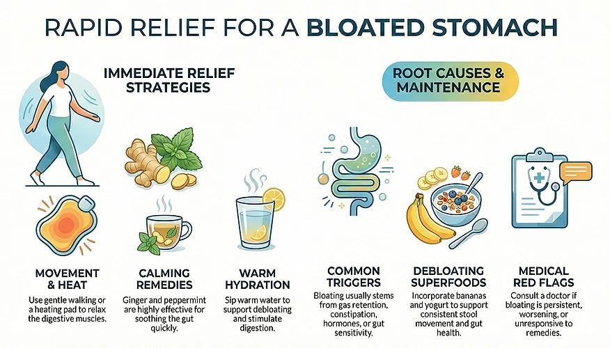 Alt image tag: Infographic showing remedies to tackle bloating