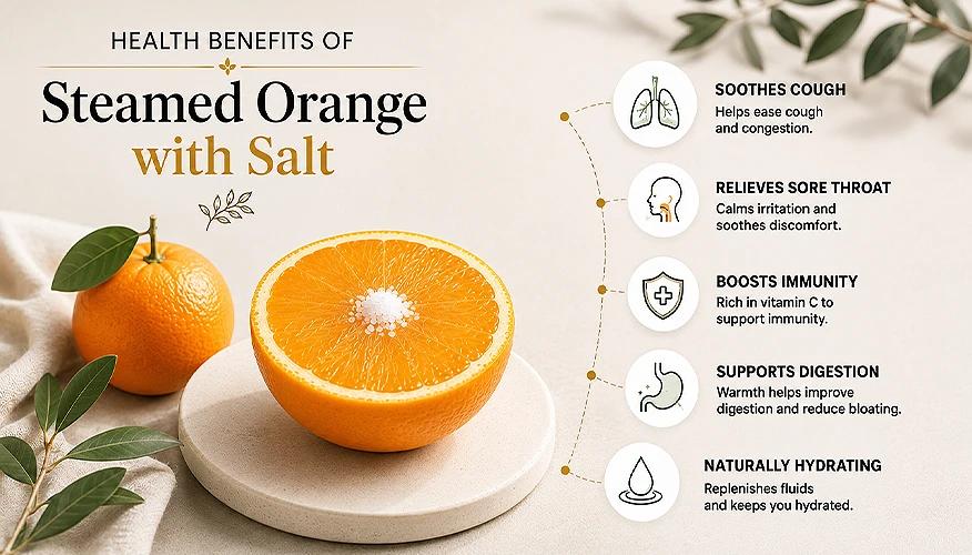 infographic showing health benefits of steamed orange with salt