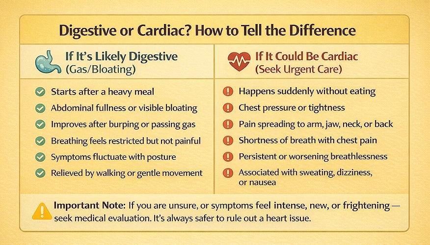 Infographic showing the difference between digestive bloating and cardiac issues