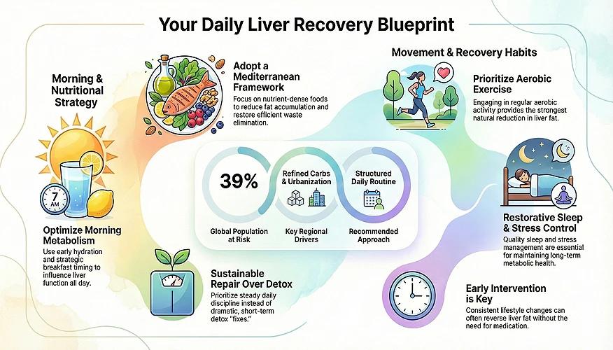 Fatty liver diet and daily routine infographic showing Mediterranean diet, exercise, sleep, and habits for liver recovery