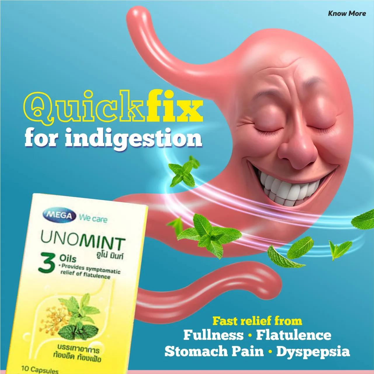 UNOMINT capsules for quick indigestion relief, flatulence, and stomach pain