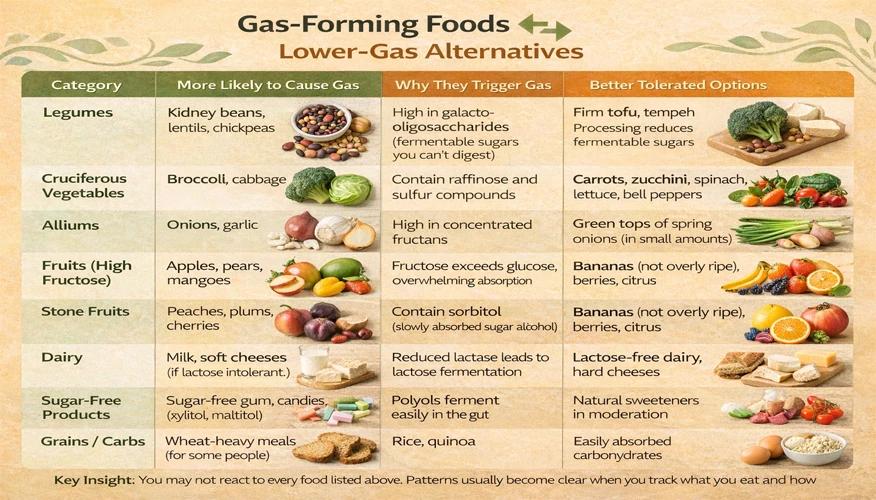 Infographic showing gas-causing foods and better alternatives