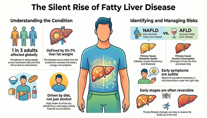 Infographic illustrating the silent rise of fatty liver disease by showing healthy liver vs fatty liver condition