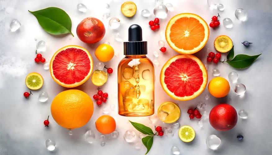Vitamin C serum with citrus fruits for glowing skin